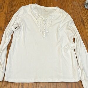Eddie Bauer White Long Sleeve Cotton Top w Ruffle Embellishment Size XL